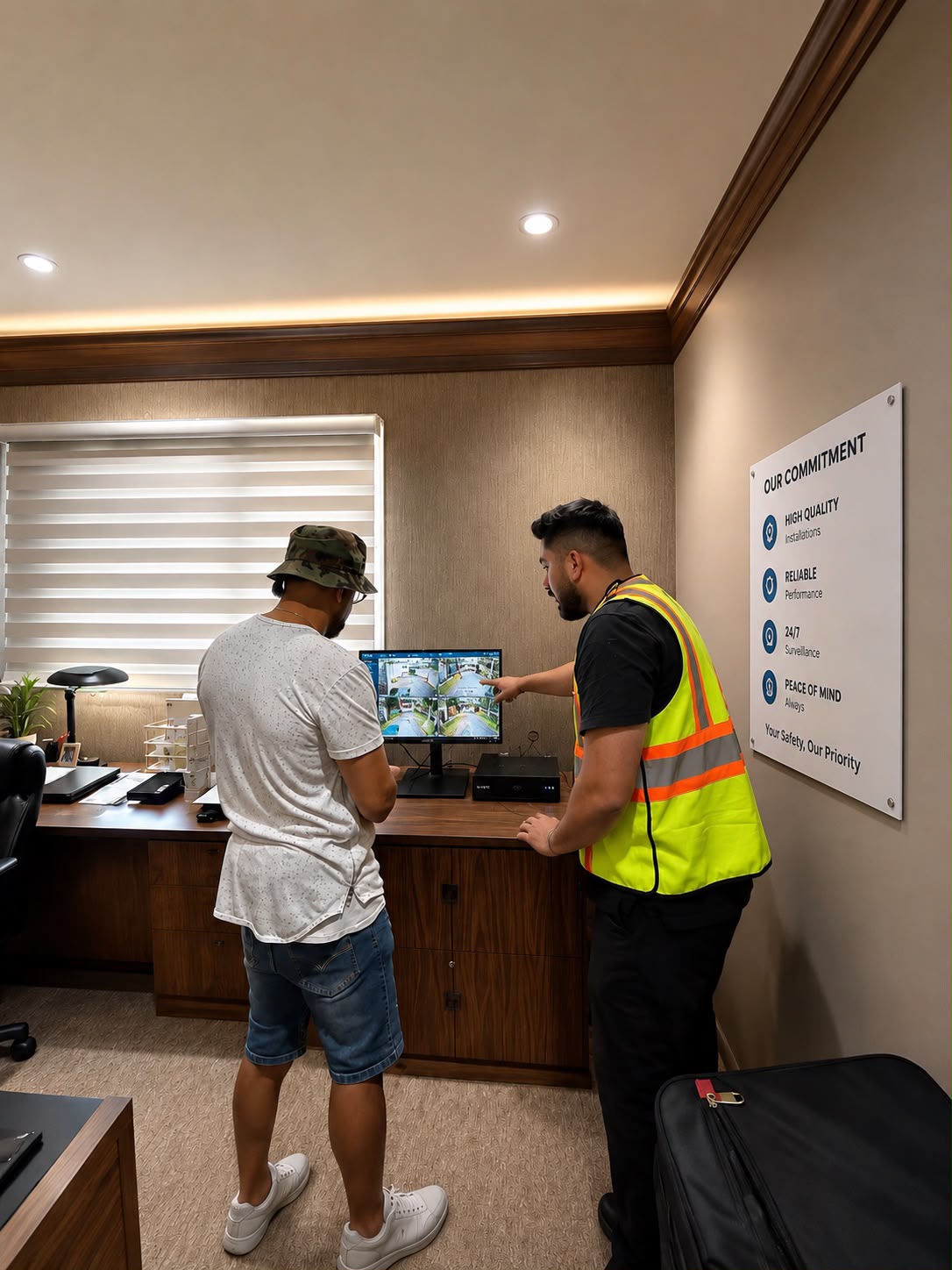 Technician walking client through camera system setup